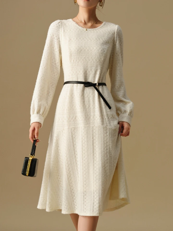 Dushu Women Winter Lace Lace Dress Dlhý rukáv Temperamentu Béžové šaty X-Line bez krídla Ženské jemné zimné šaty 24ds84430
