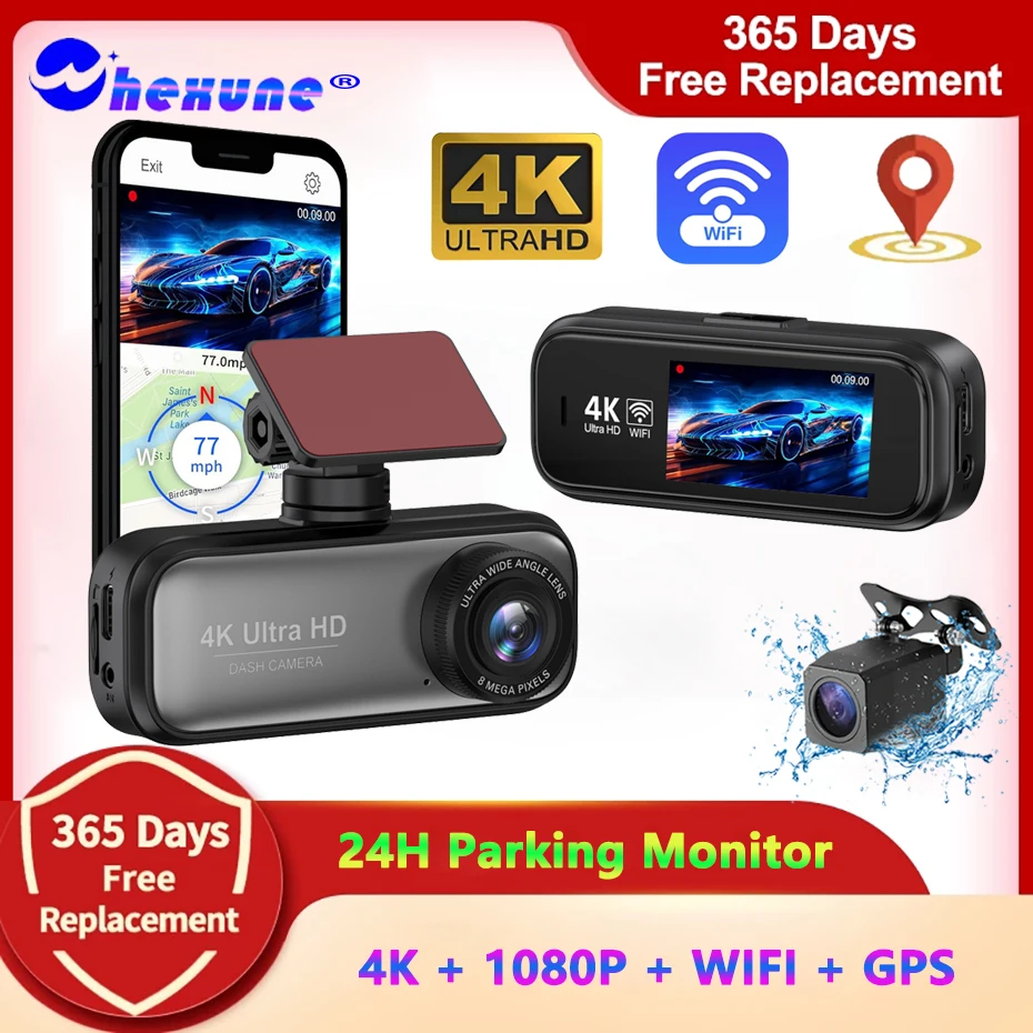 DUULSS DASH DASH CAM UHD 4K pre nočné videnie fotoaparátu s GPS WIFI 24H Parkovacia slučka rekord 4K predná a 1080p zadná zadná časť
