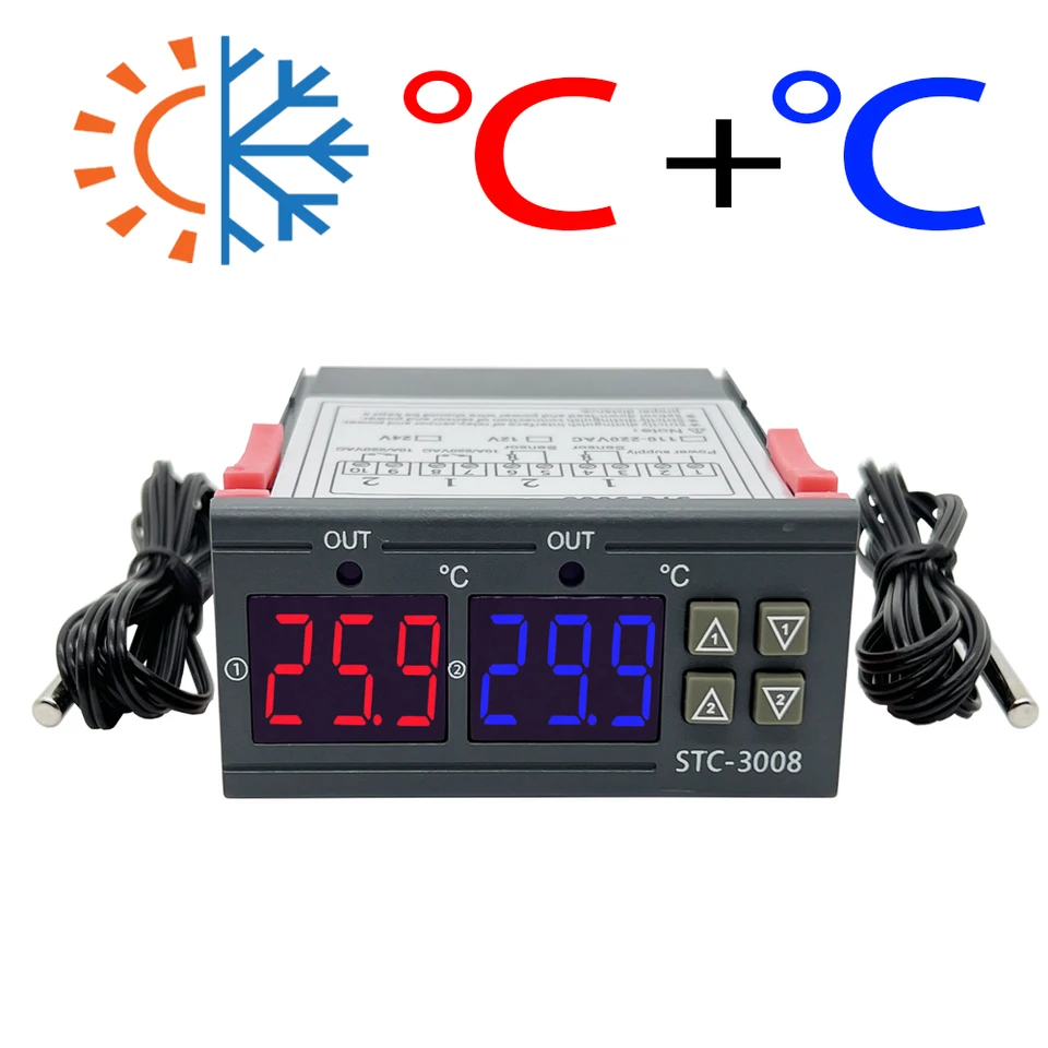 Duálny digitálny STC-3008 teplotný regulátor Dva relé výstupné ohrievač termostatu s sondou 12V 24V 220V Domáca chladnička Chladné teplo