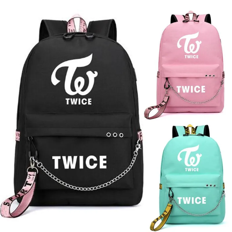 Dvakrát Kórejská hviezda Nayeon Momo Backpack School Bags USB Port Mochila Cestovné tašky pre notebook retiazky Batoh pre slúchadlá