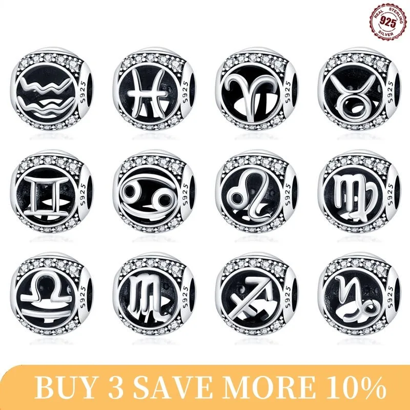 Dvanásť konštelačných korálikov 925 Sterling Silver Vodnár leo kúzlo korálky Fit Original Pandora náramok