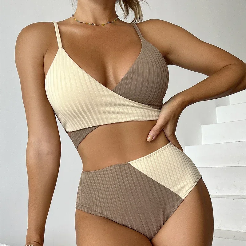 Dvojdielne plavky s vysokým pásom, 2024 Patchwork, bikiny s priečnou krkom, bazény podväzky, plavky, šnurovanie, nastaviteľný remienok, leto