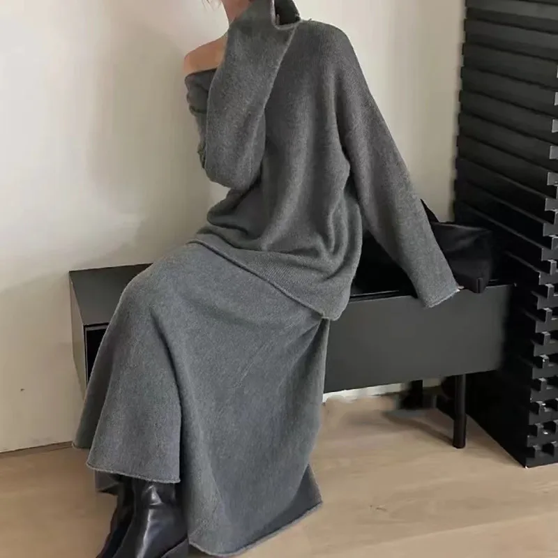 Dvojdielne súpravy dámske outifits jesenné pevné pletené sveter A-line elastické sukne, ktoré zodpovedajú kórejským módnym dámskym oblečením