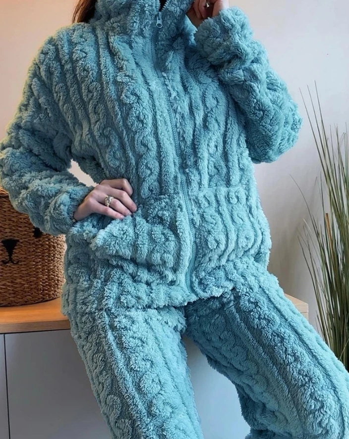 Dvojdielne súpravy Ženy outfit 2024 Jeseň Jacquard Texturovaný stojan Golier s dlhým rukávom Zip Up Fuzzy Teddy Top & Casual Home Pants Set