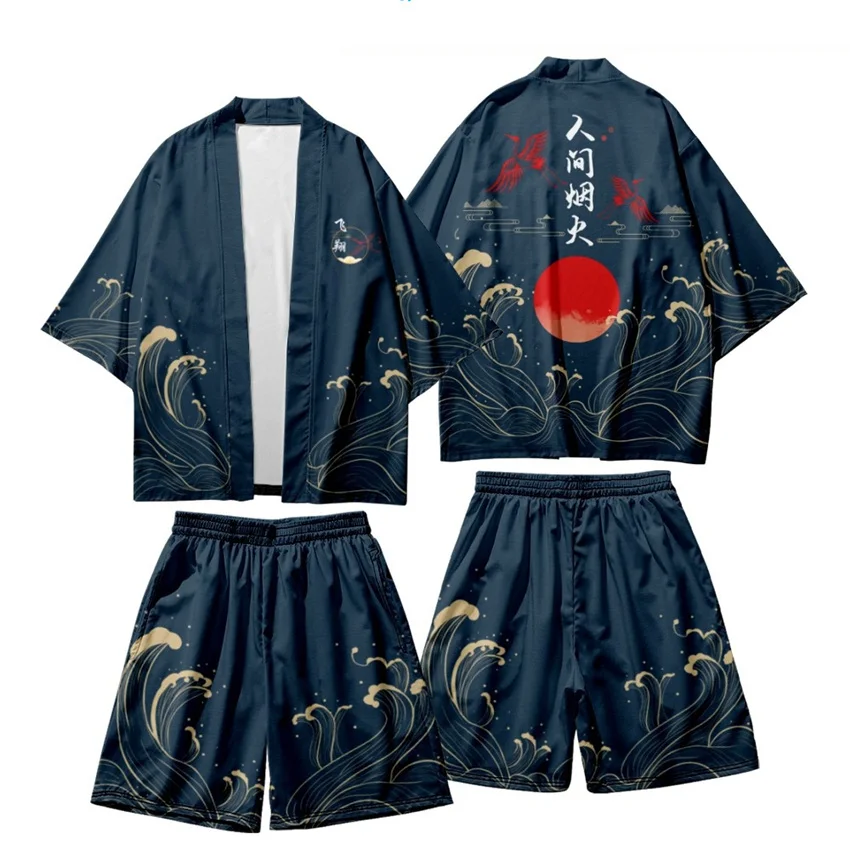 Dvojdielny oblek japonský žeriav Women Women Men Cosplay yukata oblečenie harajuku tradícia kimono + šortky sety haori