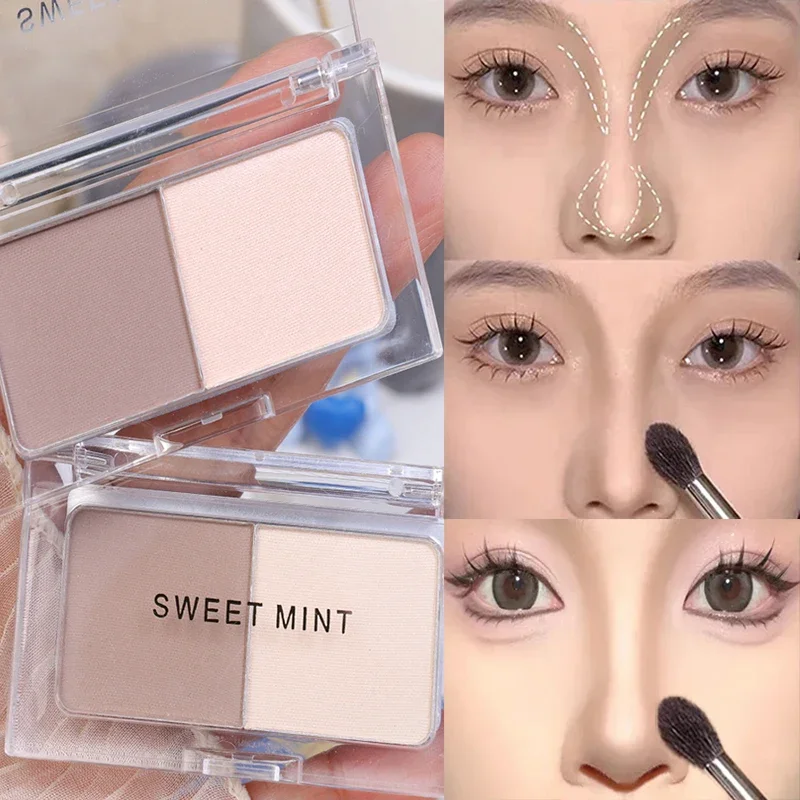 Dvojfarebný bronzer matný zvýrazňovač kontúry obrysový obrys práškového prášku s vysokým lesklým nosovým tieňom, ktorý rozjasňuje makeup na tvár