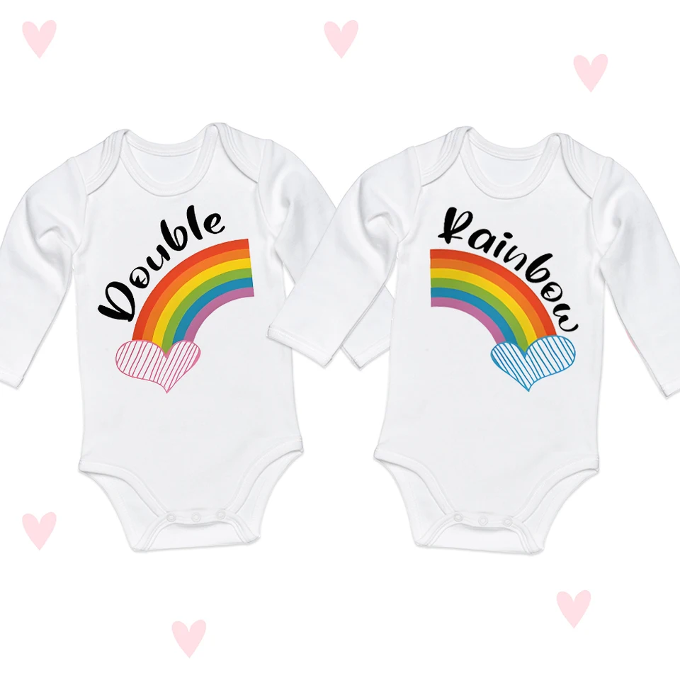 Dvojitá dúhová vzorová tlač Kojenec Romper Brother Sister Twins Twins Lovely Romper set s dlhým rukávom Bodysuit Prázdnina Party detský darček