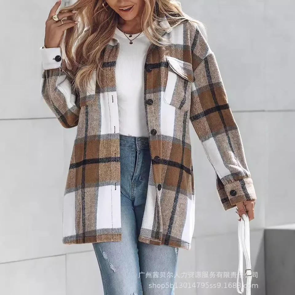 Dvojité vreckové kotlo vlnené plášť Plaid Plaid Plaid Drop Ramer Raeve Blúzky Blúzky Coats Dámske golierové gombíky predný okolie