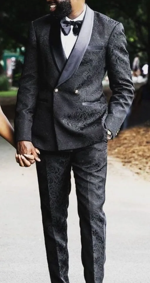 Dvojitý dojčený muži obleky čierneho tlačového ženícha Tuxedos šál klošti Groommans 2 kusy Set Svadba (bunda + nohavice + motýlik) D449