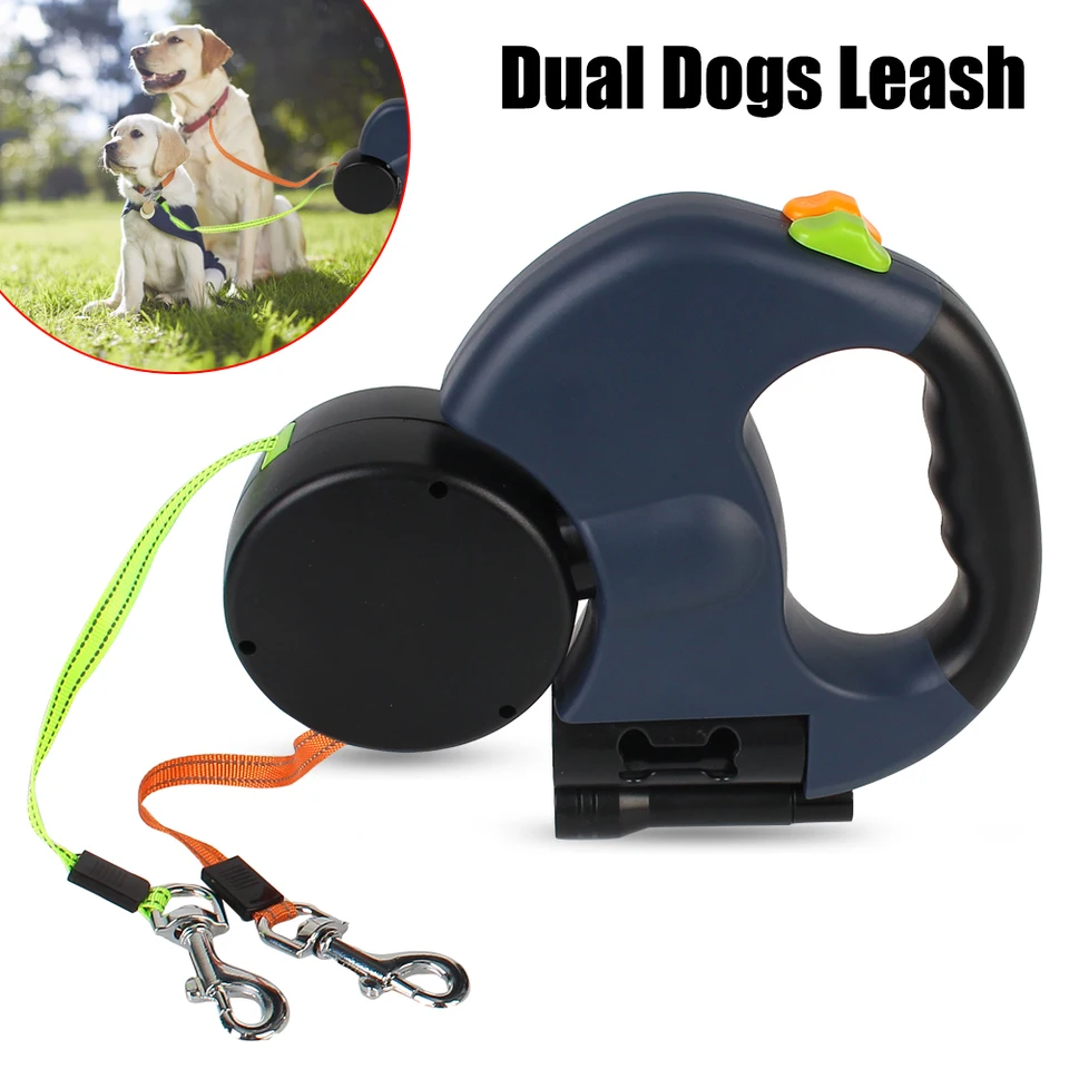 Dvojkonný trakčný lano Dual Dog Leash s baterkou vrecko na odpadky automaticky zatiahnuteľné 3M psov remienok Rulette