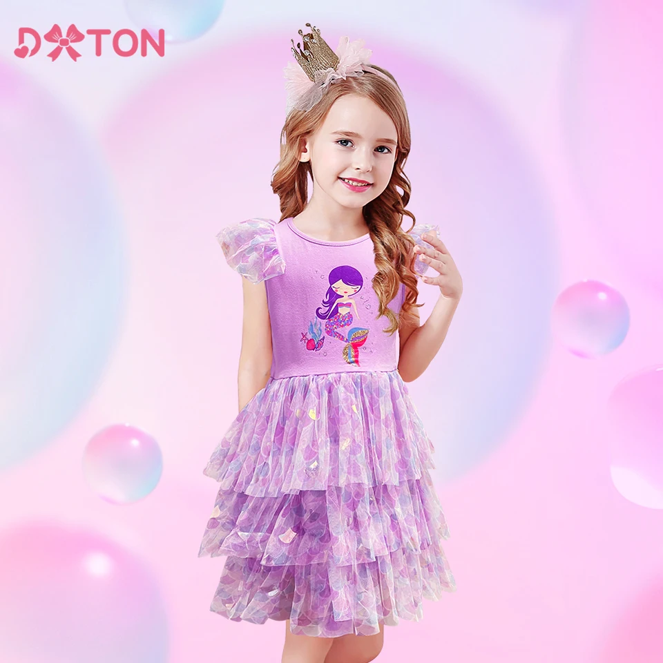 Dxton Girls Summer Tutu Dress Kids morská panna tlač karikatúry vrstvené šaty dievčatá narodeninové oslavy cestovné plážové oblečenie detské oblečenie