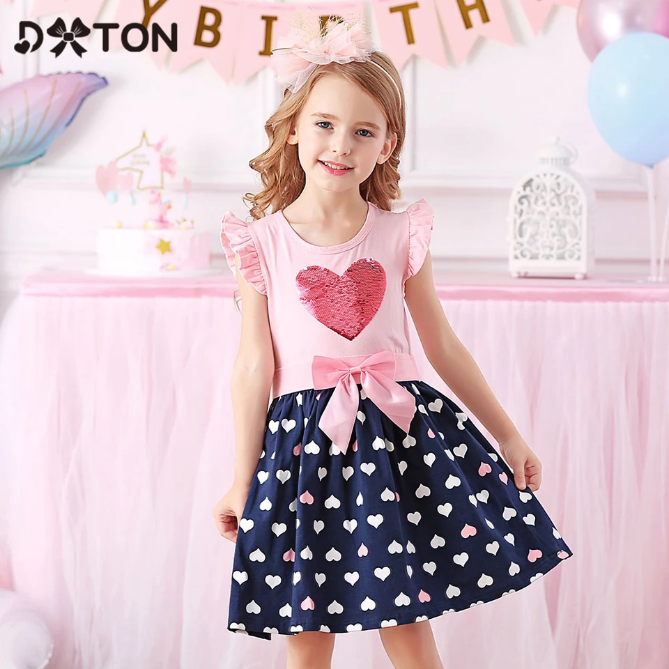 Dxton Kids Cotton Dress for Girl letné flicky srdcové dizajn princezná šaty s luk, detské detské oblečenie 3-8 rokov