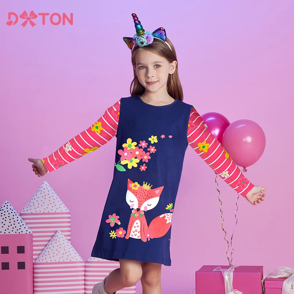 Dxton New Autumn Children Clothing Outing Long Ruckve Dievčatá Šaty veveričky Karika