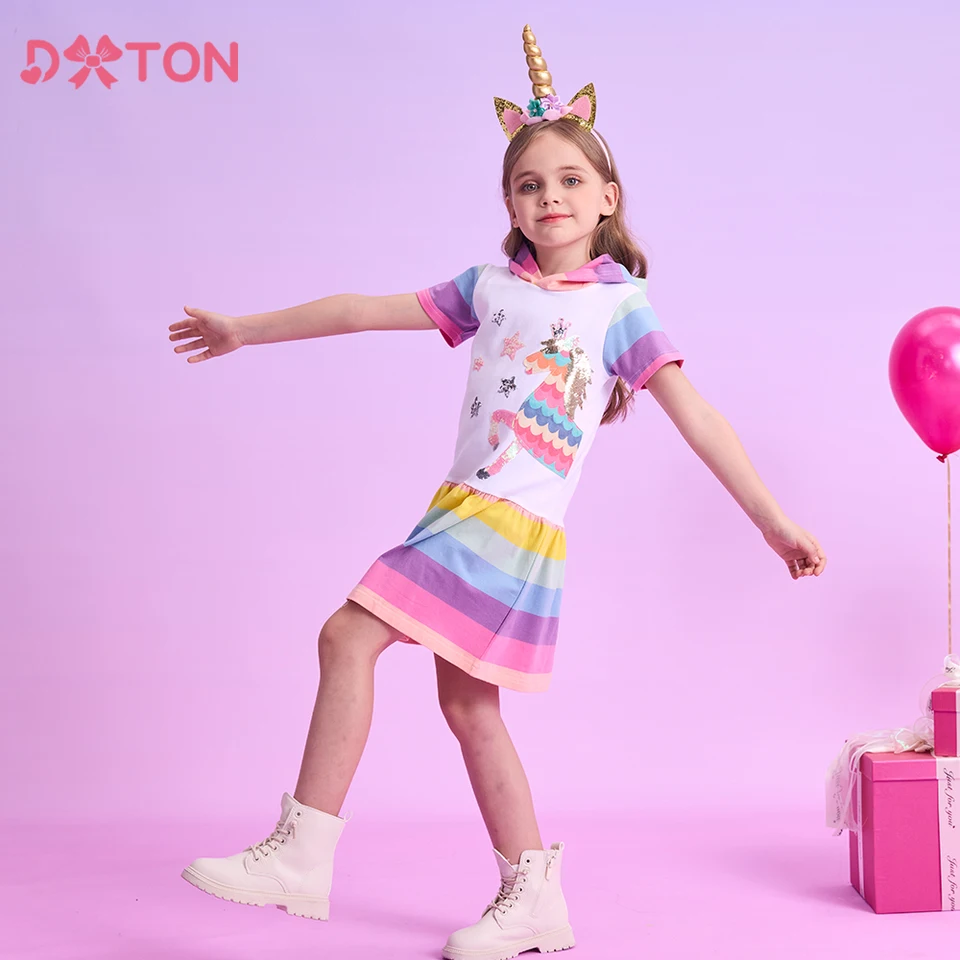 Dxton New Short Ruckve Girls Dievčatá letné kapucne detské šaty dúhové deti bavlnené šaty aplika jednorord girl kostýmy 3-12y