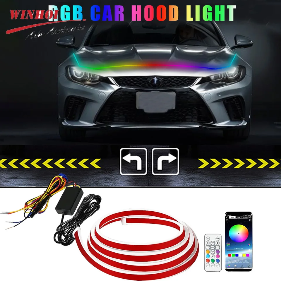 Dynamické skenovanie RGB Car Hood Light Strip LED Denné svetlá DRL Universal Flexibilný LED pásik LED s aplikáciou a diaľkovým ovládaním
