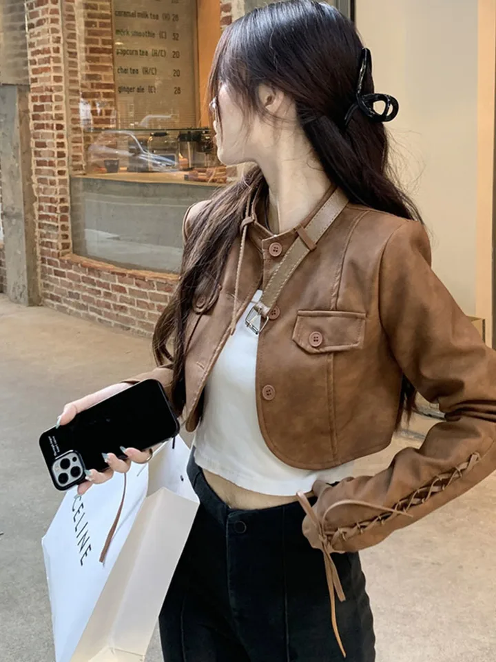 Dámska bunda 2024 Jeseň Spring Fashion Nový všestranný americký štýl Vintage Hot Stand Collar Pu Small Short Jacket Top Trend