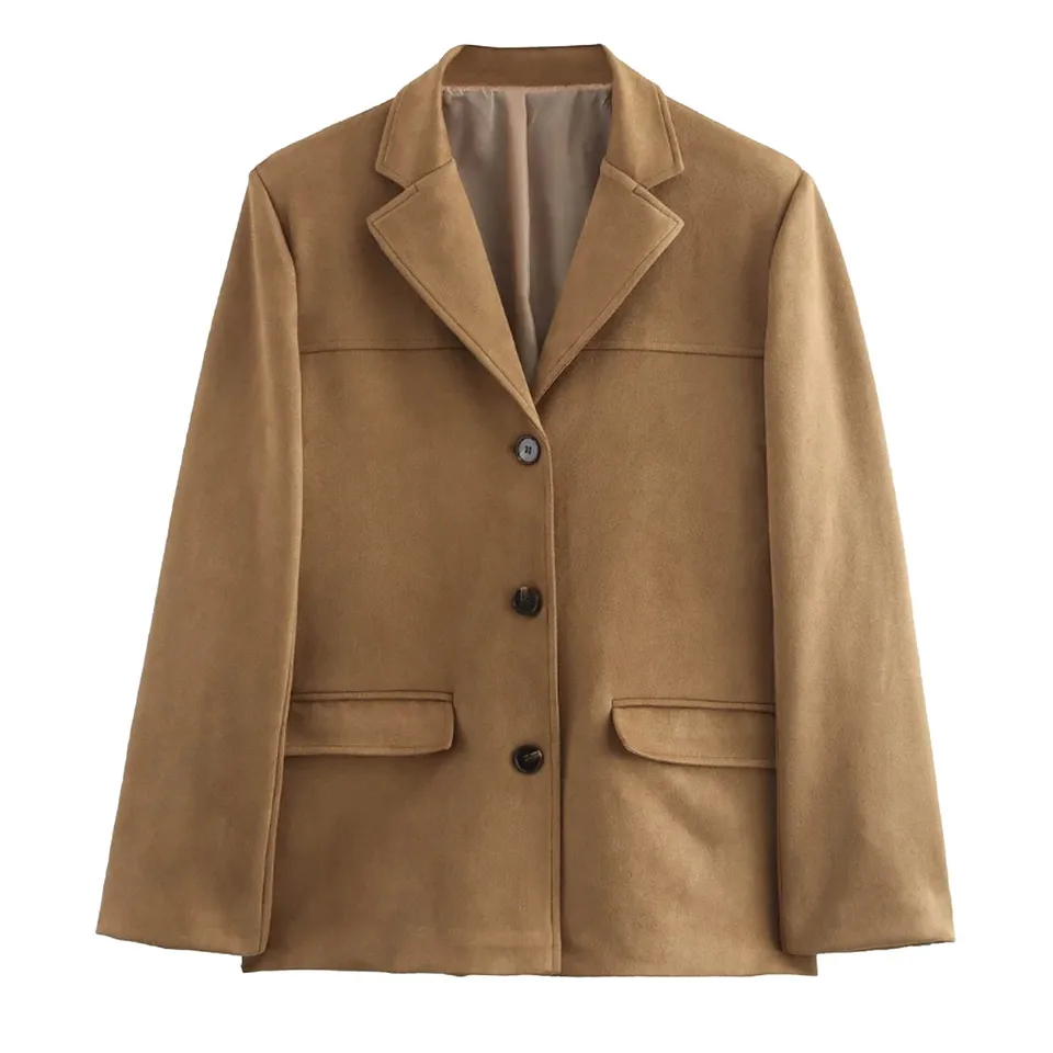 Dámska bunda 2024 Kancelársky sako hnedá kožená semišová bunda kabát Vintage s dlhým rukávom gombíky Ženy Blazers Autumn Outerwears
