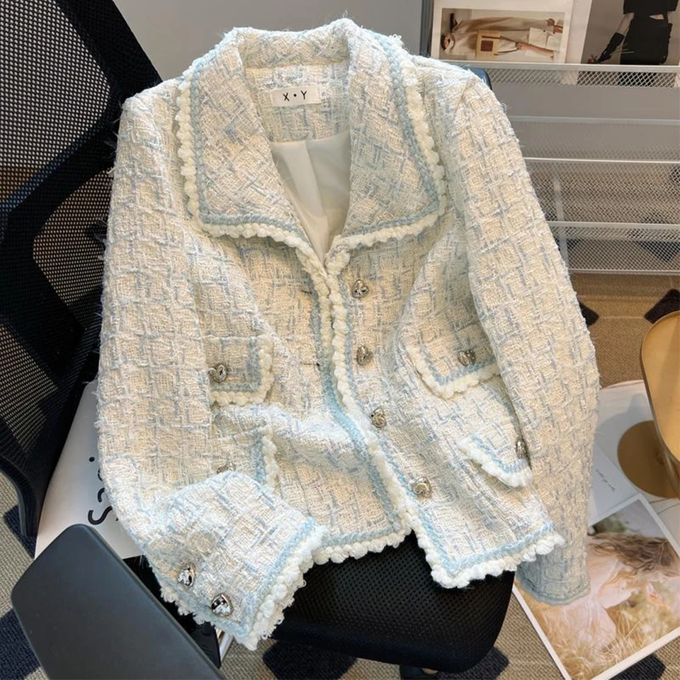 Dámska bunda modrá biela malá voňavá tvíd krátky kabát 2023 jarná jeseň Top Classic Dámska bunda Outwear Female
