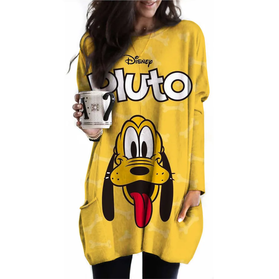 Dámska dlhá horná doska Disney Goofy Tlačená neformálna módna vrecká Tričko s dlhým rukávom okrúhly krk pásov