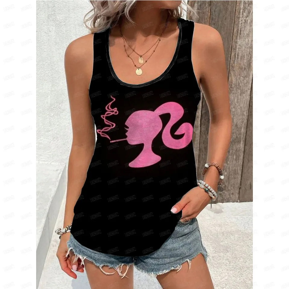Dámska dovolenková dovolenka Prázdnina Čierna barbie karikatúra Tlač voľnej veľkosti Priedušná a pohodlná bez rukávov Tank Top Trik