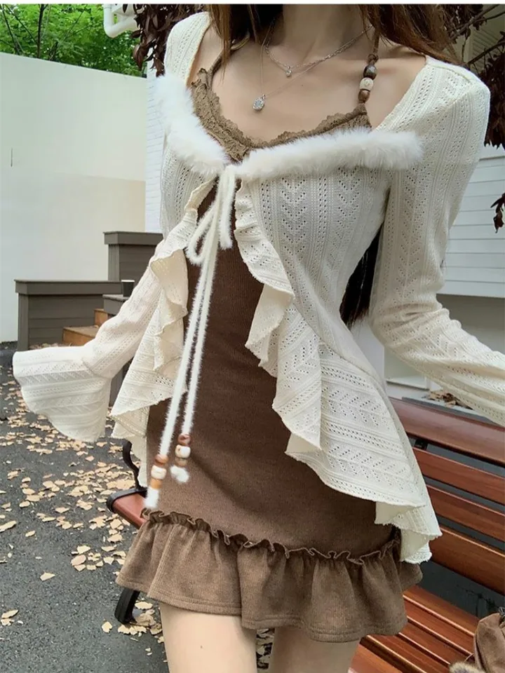 Dámska dvojdielna sada Y2K Ruffle Cardigan Short Dresses Outfit Sets Dámske 2 kusy sexy hnedé rukávy bez rukávov Kórejský štýl