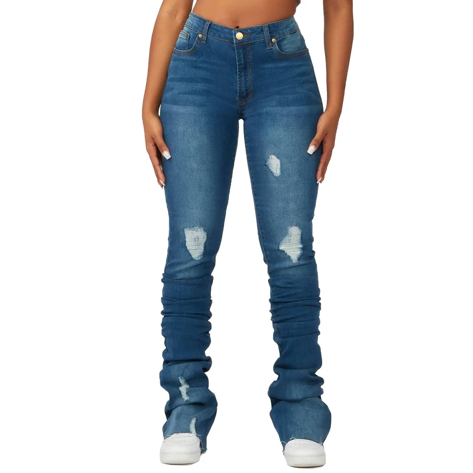 Dámska jar nová módna módna Znižujúca sa rozbitá diera Show Skinny High Aasted Denim Greed Rovné nohavice Dlhé nohavice