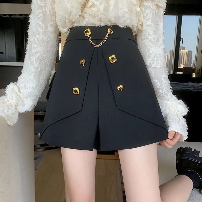 Dámska jarná jeseň Nový elastický pás Čierne kraťasy A-Line Solid Color All-Match Matchwork Shorts Elegantné módne oblečenie