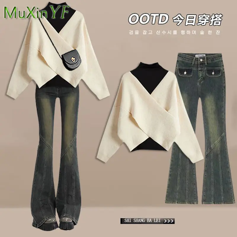 Dámska jesenná zimná zima Nové džínsové nohavice zodpovedajúca súprava Kórejský elegantný pletený sveter+spodná košeľa+micro erw Jeans 3 -Pit Suit