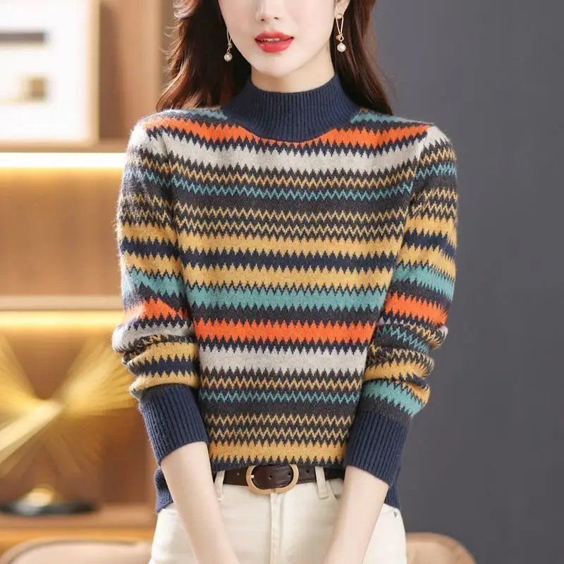 Dámska jesenná zimná zimná zimná polovica vysokého krku s dlhým rukávom hrubý sveter Módna všestranná štíhla pullover elegantná pruhová pruhová dochádzková dámska topy