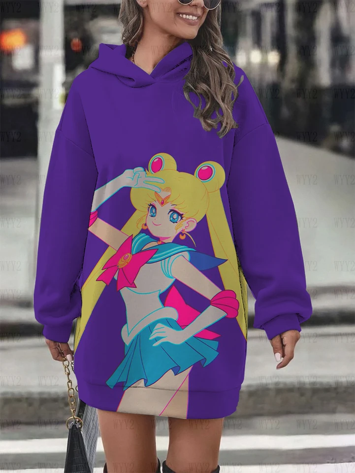 Dámska jesenná zimná zimná zimná zimná rukávová mikina Sailor Moon tlače Príležitostné módne komfort Pullover Party, mikiny, šaty s mikinou