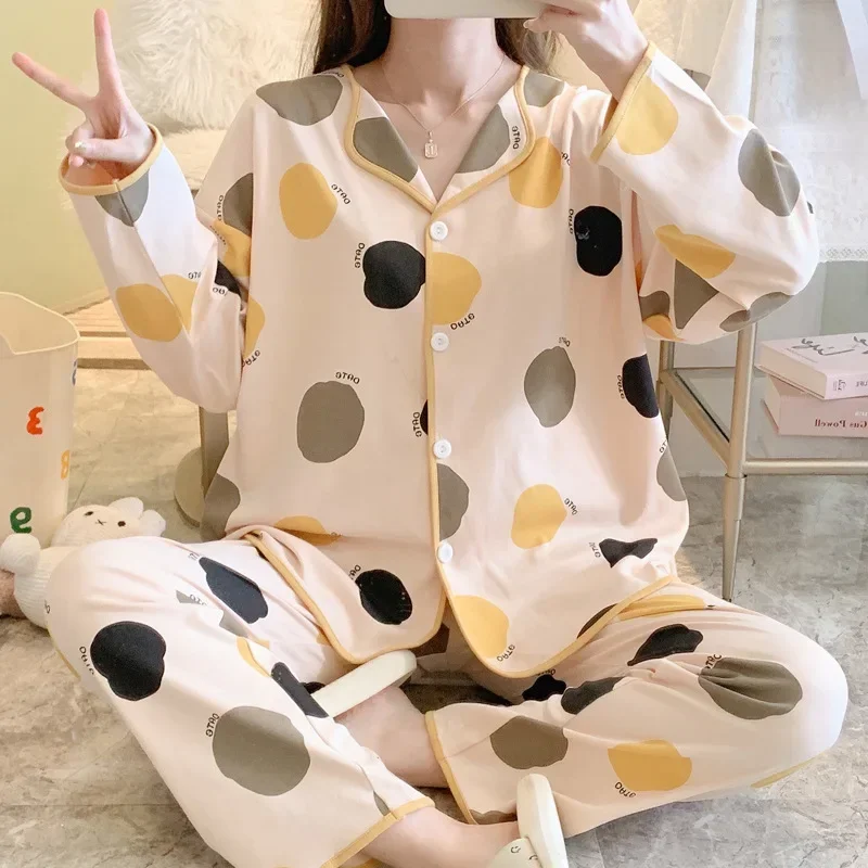 Dámska karikatúra tlačená pyžamá jarné jesenné pyžamá pyžamá nové roztomilé dievča s dlhým rukávom Cuant Loose Student Suit Loungewear