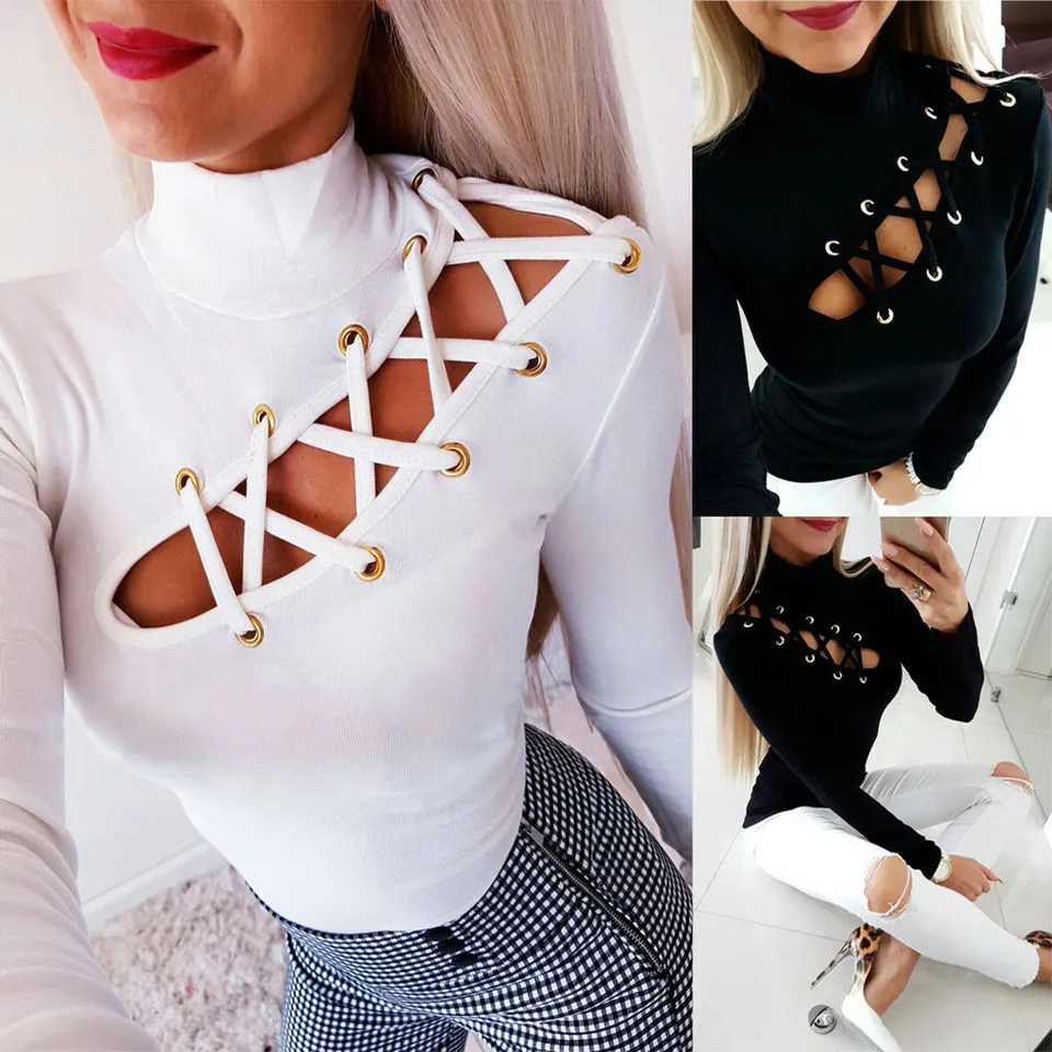 Dámska košeľa móda sexy vysoká čistá farba netesná blúzka pod košeľami s dlhým rukávom Slim Fit Hollow Out Female Chlowdle High Elastic