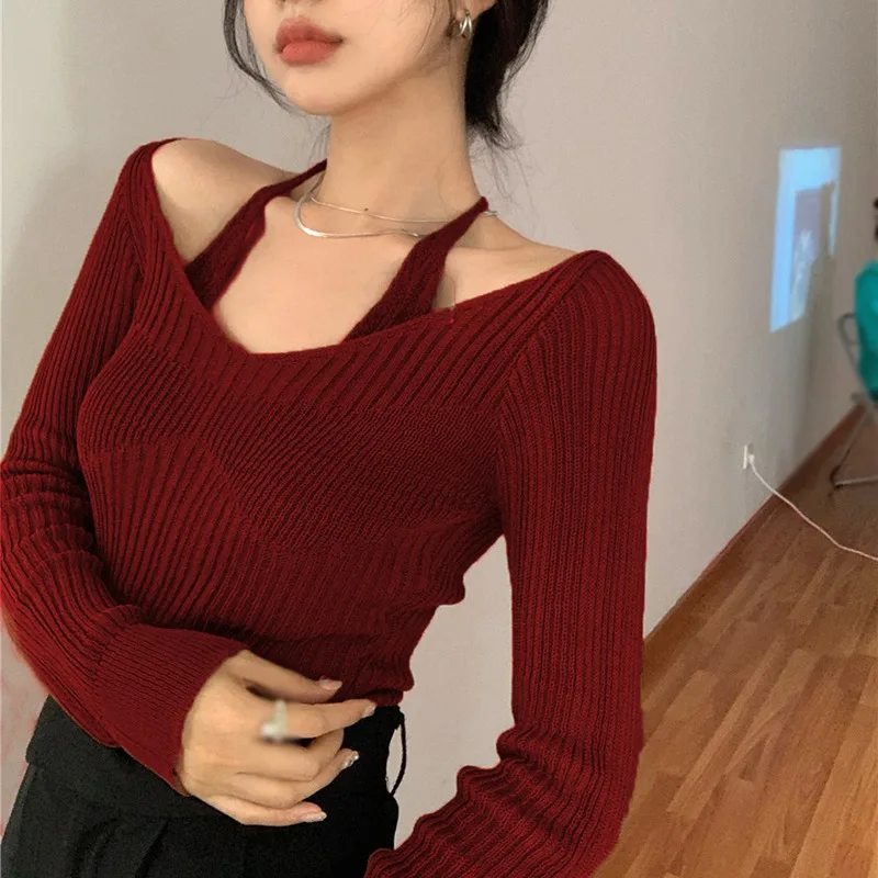 Dámska kórejská verzia s dlhým rukávom Svečok z ramena Sexy pletené pullover svetre pletene
