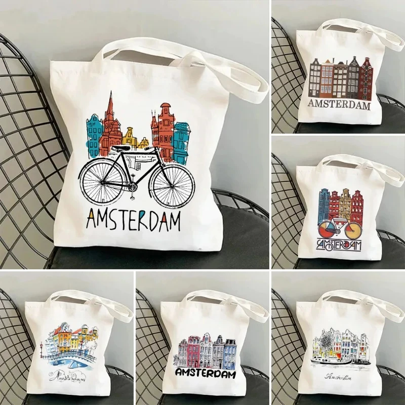 Dámska mestská krajina Amsterdam nákupná taška Canal Domov Holandské plátno s ramenom taška eko -kupujúci opakovane použiteľnú kabelku