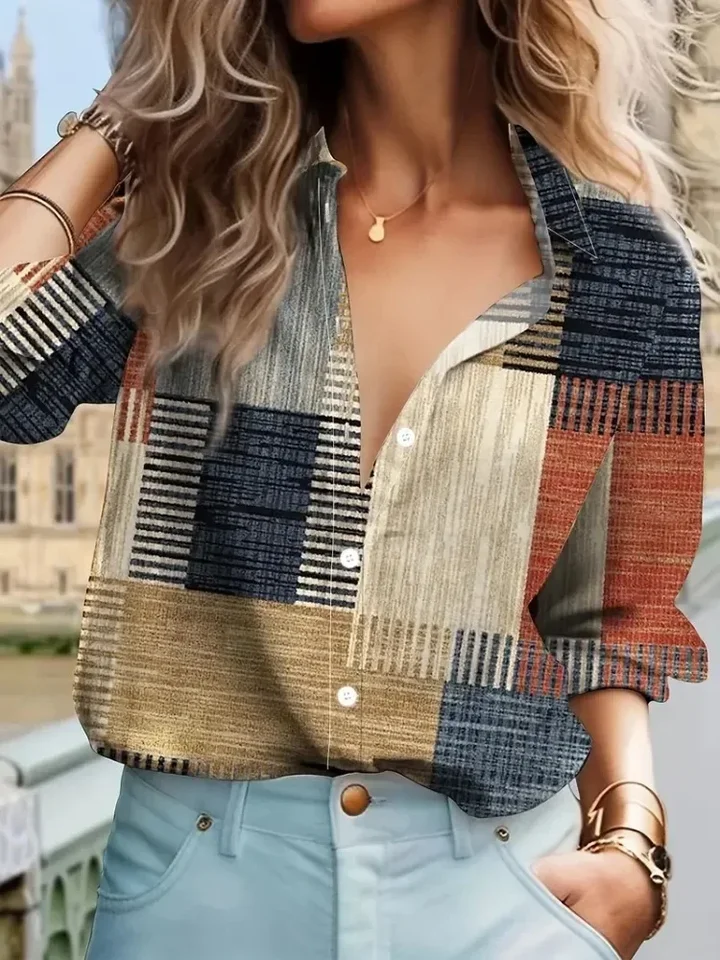 Dámska móda plus veľkosť 1xl-5xl Príležitostná blúzka Dámska patchwork tlač s dlhým rukávom Button Up klošné košeľa Top Top