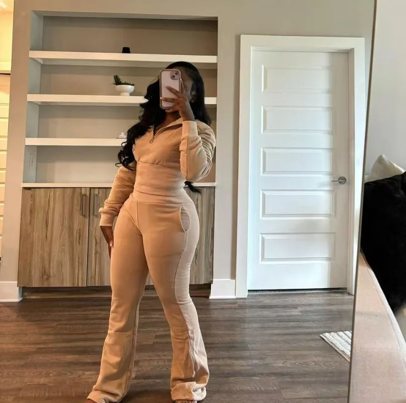 Dámska móda Solid 2 -Piece Set Tracksuits s dlhým rukávom zips pullover mikiny plodiny top + erupčné nohavice Príležitostný oblek na streetwear