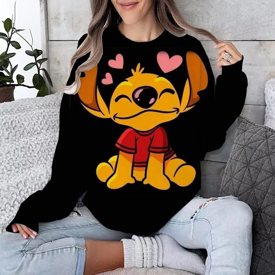 Dámska módna mikina Disney Stitch Print móda jeseň denný dlhý rukáv okrúhly krk voľný pulóver karikatúra boho štýl mikine