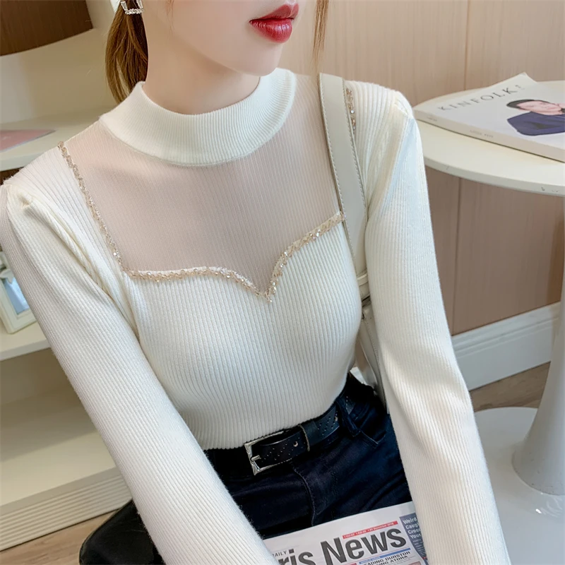 Dámska módna sieťovina zostrihová korálková korálka Sweár Ženy odev Dievčatá na jeseň Príležitostné pletenie Ženy OL Sweaters BVAH2408