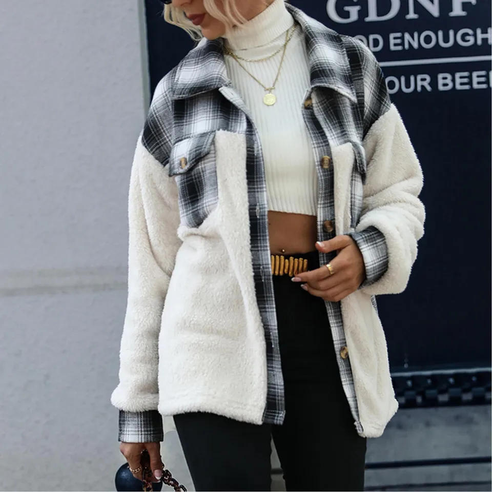 Dámska módna zimná zimná rukáv Plaid Stitching Coat
