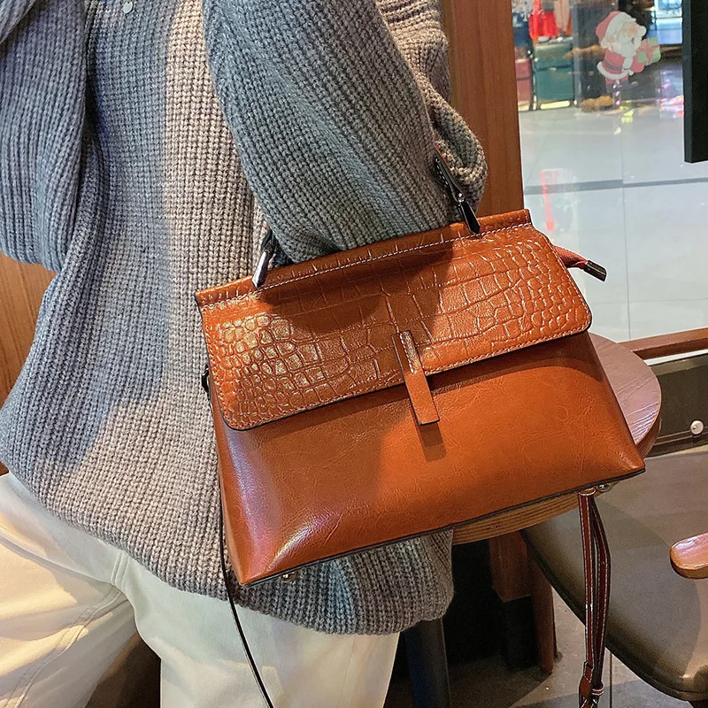 Dámska neformálna kabelka Olejový vosk kožená koža s jedným ramenným taškou Crocodile Crocodile Pattern Fashion Crossbody Crossbody Vestranné