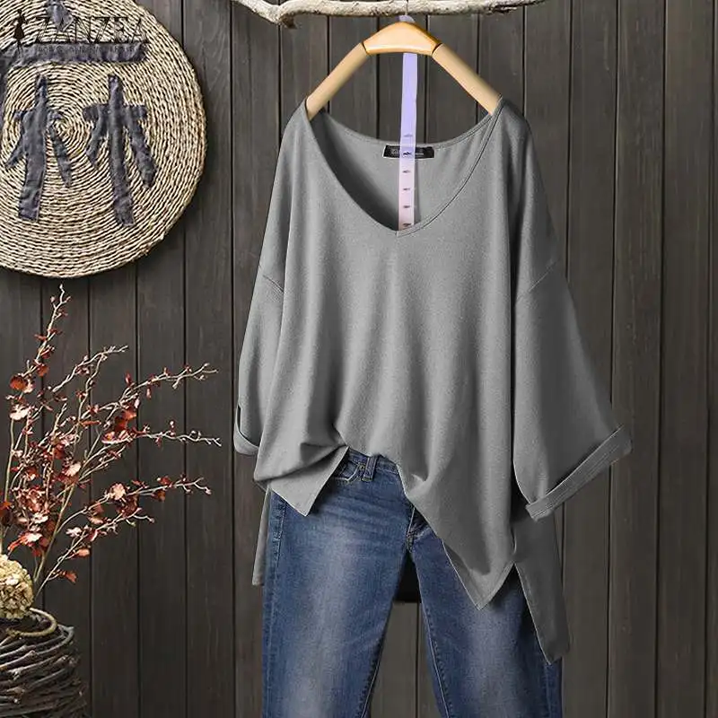 Dámska pevná blúzka 2023 Zanzea Fashion Casual letné jesenné vrcholy 3/4 rukávy košele Žena V Brck Split Blusas TUNIC TUNIC