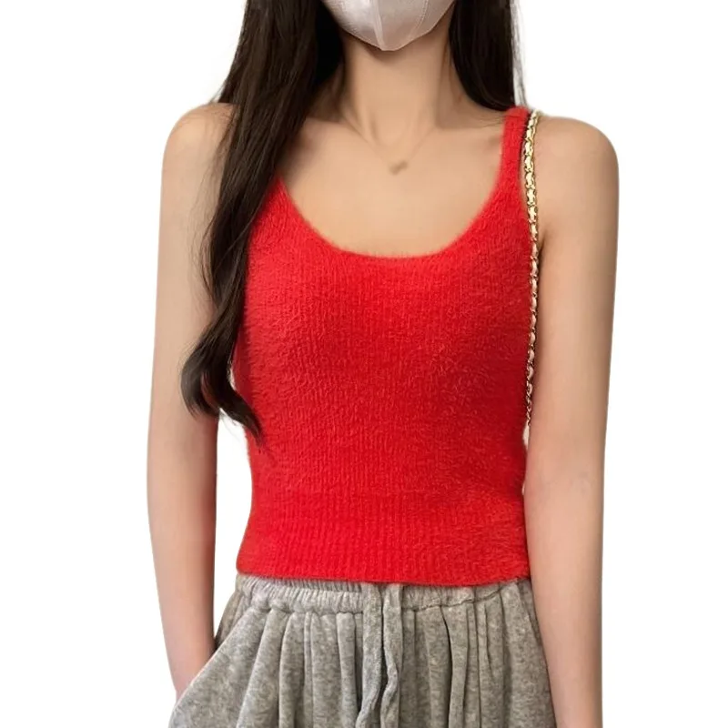 Dámska pevná farba U-Neck Slim Fit vesta, módne a neformálne všestranné plyšové pletené krátke popruhy