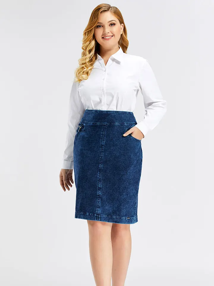 Dámska plus veľkosť ležérna džínsová sukňa s vysokým pásom Aline Klenoleght Blue Vintage Rozletená sukňa pre ženy plus veľkosť žien
