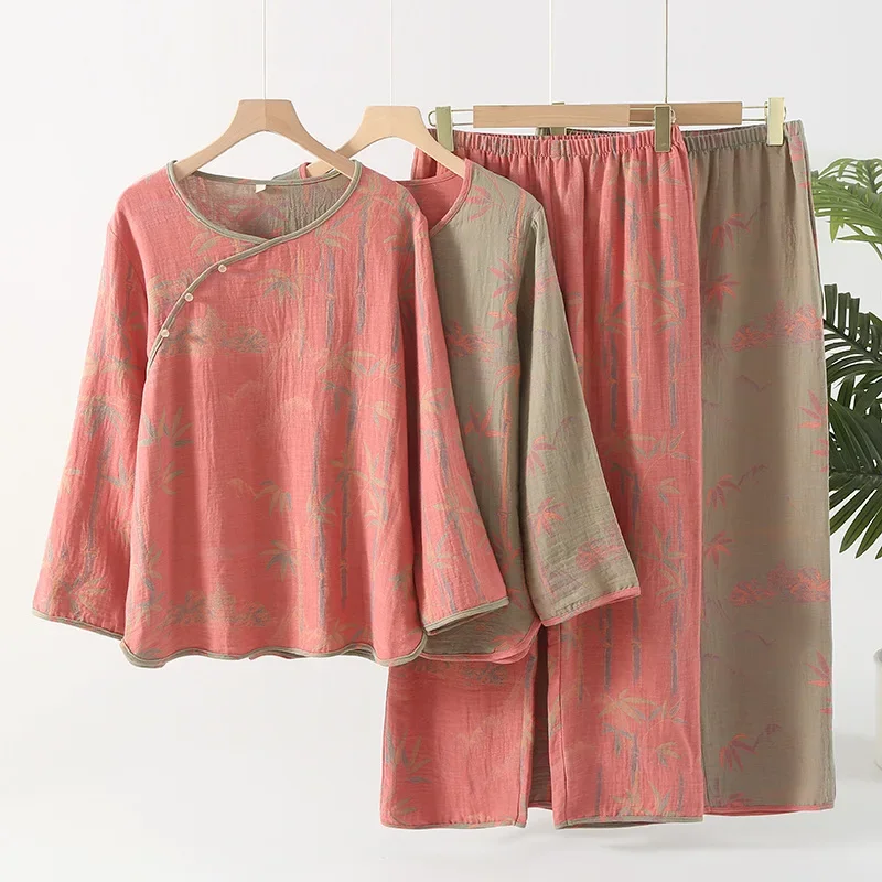 Dámska priadza farbená bavlnená bambusová tlač pyžamá okrúhly krk retro dlhé rukávy nohavice Loungewear voľný voľný čas retro domáce oblečenie