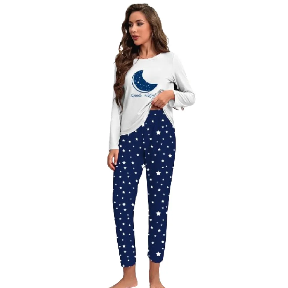 Dámska pyžama sada Mesiac Tlač príležitostných a pohodlných bielych posádok tričko s krátkym rukávom Blue Starry Night Pants Dámske pyžama