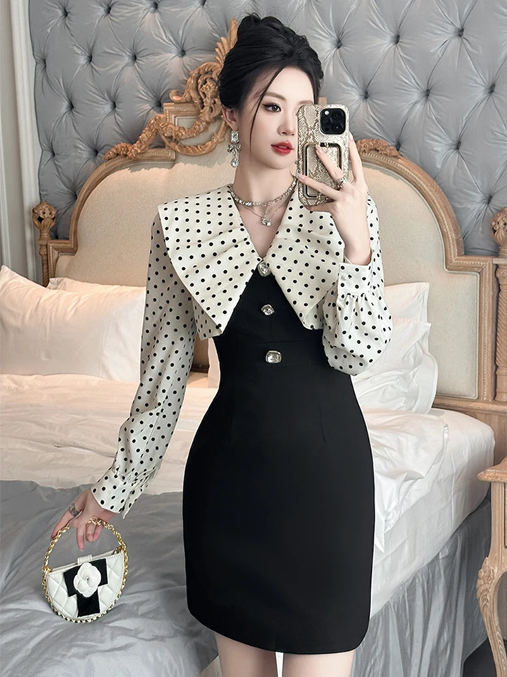 Dámska retro dot big lapala patchwork mini šaty ženské sladké roztomilé roztomilé single Bodycon krátke šaty dámske dámy Vestidos
