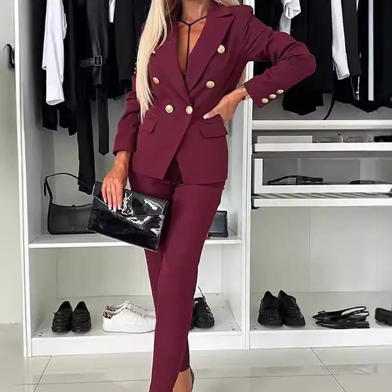 Dámska sako a obleky na nohavice Obchodné obleky Set Basic Casual Office Double Breasted Blazer a súpravy na mieru na mieru