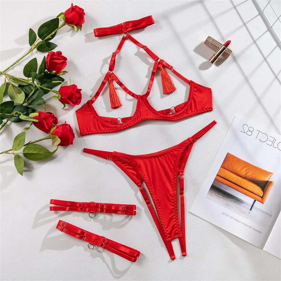 Dámska sexy erotická spodná bielizeň Sada zvodných otvorených rozkrokových nohavičiek s prsteňom na nohy a dutou out bralette set sexy spodná bielizeň Lenceria