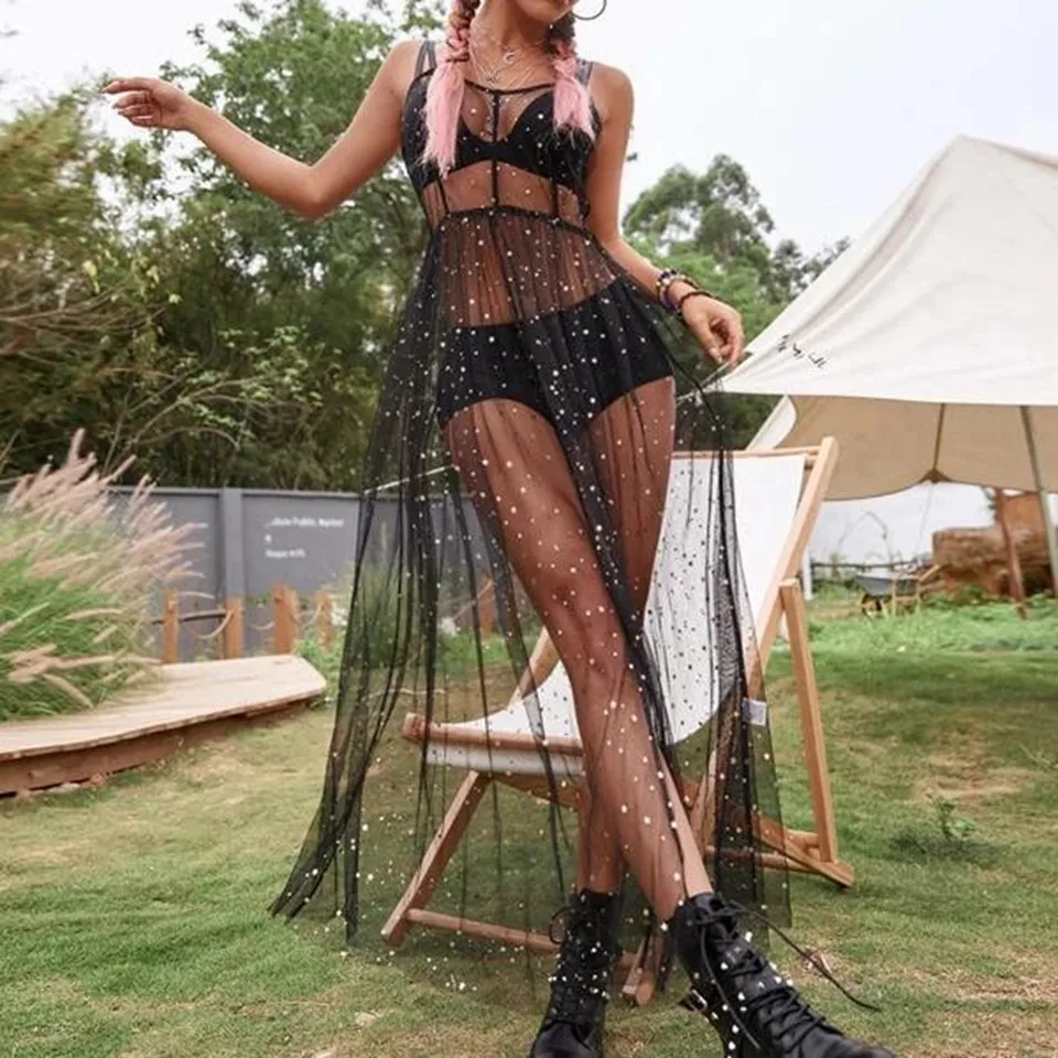 Dámska sieťová priehľadná letná šaty bez rukávov plážové šaty bikiny zakrývajú ľahkú pláž Poncho Holiday Beachwear