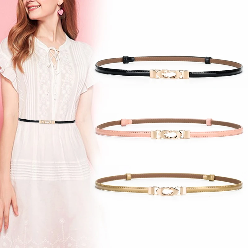 Dámska skutočná koža Skinny Belt Nastaviteľný tenký pás pás so zlatou sponou na šaty